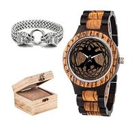 Orologio Vichingo In Legno con Albero Della Vita, Simboli Norreni Fatti a Mano Orologio Analogico Al Quarzo In Legno con Incisione Yggdrasil, Grande Regalo per Gli Uomini