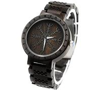 Orologio Vichingo in Legno, Orologio al Quarzo da Uomo con Incisione a Mano di Vegvisir e Helm of Awe, Cinturino Regolabile e Scatola Regalo,Vegvisir