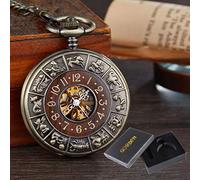 orologio vintage, Confezione in scatola Orologio da tasca meccanico in legno massello Orologio da taschino con catena Quadrante con medaglione Hollow Steampunk Scheletro Orologio da uomo da uomo ROUND