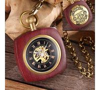 orologio vintage, Confezione in scatola Orologio da tasca meccanico in legno massello Orologio da taschino con catena Quadrante con medaglione Hollow Steampunk Scheletro Orologio da uomo da uomo ROUND