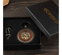 orologio vintage, Confezione in scatola Orologio da tasca meccanico in legno massello Orologio da taschino con catena Quadrante con medaglione Hollow Steampunk Scheletro Orologio da uomo da uomo ROUND