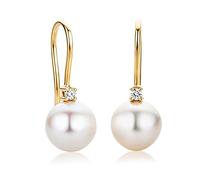 Orovi Orecchini Donna con Perle e Diamanti taglio Brillante Ct. 0,06 in Oro Giallo 18 kt 750 Orecchini Monachella con Perle Bianche d'acqua dolce