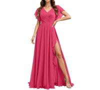 ORRCIGH A-Line Abito da Damigella d'onore per Matrimonio Chiffon Prom Dresses Manica Corta Formale Sera Partito Maxi Abito WPX074, Rosa acceso, 48