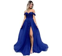 ORRCIGH Off Spalla Damigella D'Onore Del Merletto Applique Prom Dresses Una Linea Formale Sera Partito Maxi Abito con Spacco WPX067, Blu reale, 24 Più