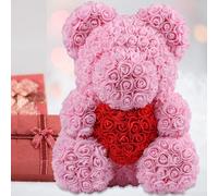 ORSACCHIOTTO ORSETTO ORSO DI ROSE CON FIORI DA 40CM COLORE ROSA CON CUORE ROSSO