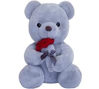 Orsacchiotto peluche con rosa, simpatico peluche giocattolo, idea regalo per bambini, ragazzi, ragazze, compleanno, Natale, San Valentino (23 cm, grigio)