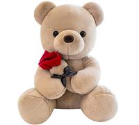Orsacchiotto peluche con rosa, simpatico peluche giocattolo, idea regalo per bambini, ragazzi, ragazze, compleanno, Natale, San Valentino (23 cm, marrone)
