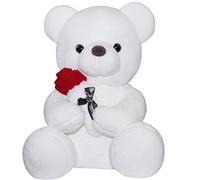 Orsacchiotto peluche con rosa, simpatico peluche giocattolo, idea regalo per bambini, ragazzi, ragazze, compleanno, Natale, San Valentino (23 cm, bianco)