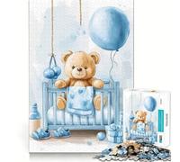 Orsetto di peluche seduto in una culla blu, puzzle da 1000 pezzi per adolescenti, gioco per esercitare la mente, momento di condivisione, taglio di precisione, pezzo da collezione artistica 38x26cm