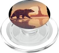 Orso al tramonto con statua della libertà e look USA PopSockets PopGrip per MagSafe
