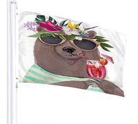 Orso Bandiera 4x6 FT Simpatico Orso Animale con Camicia a Righe Succo di Fragola Fiore Foglia Ghirlanda Bandiere per Esterni Grande Benvenuto Cortile Striscioni Casa Giardino Cortile Prato Decor