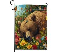 orso bandiera da giardino carino animale farfalla margherita fiore selvatico fata nucleo foresta naturale marrone lino piccolo mini vacanza doppio lato grande festa cortile casa prato parete interna