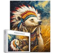 Orso bianco sul prato 1000 pezzi puzzle per adulti indiano piuma copricapo puzzle colorato fai da te per la decorazione della casa regali puzzle famiglia perfetto per serate di gioco 50 × 70 cm