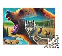 Orso bruno premium puzzle da 1000 pezzi per adulti, doppia esposizione di orso con lupo e alce, spesso robusto alta qualità vibrante stimolante antistress gioco, 70x50cm/1000pz