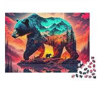 Orso bruno puzzle da 1000 pezzi per adulti, doppia esposizione di orso con tramonto di montagna, difficile, spesso resistente premium vibrante antistress gioco famiglia, 70x50cm/1000pz