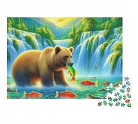 Orso bruno puzzle relax da 1000 pezzi per adulti, orso che pesca vicino a cascata, spesso resistente alta qualità stimolante antistress, 70x50cm/1000pz