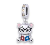 Orso con occhiali e libro - Ciondolo in argento Sterling 925 - Gioielli per bracciale da collezione o collana - Teddy Orsetto studiare lettura libro fotografico dei cuori, cari, famiglia