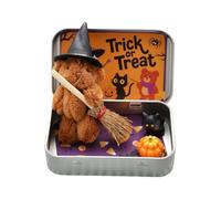 Orso di Halloween in una scatola per dolcetto o scherzetto, strega in miniatura, fatto a mano, con coperta da strega, scopa, mantello, zucca e gatto, mini Halloween, decorazioni per feste (marrone)