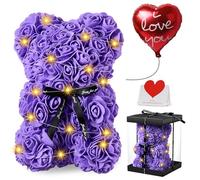 Orso di Rose, Orsacchiotto Composto da Rosa Artificiali con Luci LED, Creativo Floreale per San Valentino - Include Scatola Trasparente e Biglietto d’Auguri - Regalo per Donne, Mamma, Moglie, Per Lei