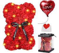 Orso di Rose, Orsacchiotto Composto da Rosa Artificiali con Luci LED, Creativo Floreale per San Valentino - Include Scatola Trasparente e Biglietto d’Auguri - Regalo per Donne, Mamma, Moglie, Per Lei