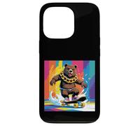 ORSO FRESCO SU UNO SKATE BOARD. CATENA Sfondo colorato, carino Custodia per iPhone 13 Pro