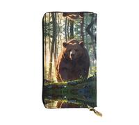 Orso marrone nella foresta Pochette lunga in pelle con portamonete con cerniera e 12 scomparti per carte di credito, portafoglio per contanti da viaggio leggero