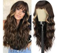ORSUNCER Parrucche ondulate lunghe ondulate con frangia ombré parrucche sintetiche da donna, per feste, tutti i giorni, 66 cm, marrone/bionda