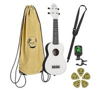 Ortega Guitars Soprano Ukulele bianco - Keiki K2 - Starter Kit include Accordatore, Tracolla, 5 Plettri Medi e Borsa con Coulisse - pastel/silent clouds (K2-SCL)
