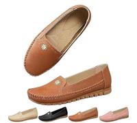 Orthopedic Leather Shoes, Lightweight, Anti-Slip, Breathable for Women Slip Breathable Slip On Loafers with Flower (Brown,36)