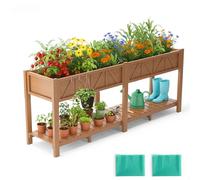 Orto Alto 183x44x73cm, Fioriera Esterna Elevata con Ripiano, Resistente alle Intemperie, 6 Ganci e 2 Fodere Non Tessute, Per Ortaggi Fiori Erbe Aromatiche, Giardino Balcone Terrazza, Effetto Teak