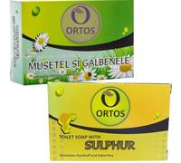 ORTOS Sapone Zolfo - Forfora, Acne e Pelle Grassa, Punti Neri, Brufoli - Corpo e Capelli + Sapone Camomilla e Calendula - Cicatrizzante, Emolliente, Pelli Secche Screpolate - 2x100gr (Anti-Sebo)