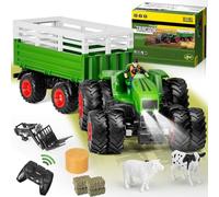 Orvyna RC Trattore Telecomandato Giocattolo, 2.4 GHz Trattore con Telecomando per Bambini, Completo di Forca Sollevatrice, Rimorchio, Luci, Mucca, Pecora e Balla di Fieno, Regalo per Bambini 3-8 Anni