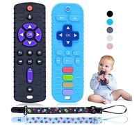 Orzbow 2 Pcs Telecomando Giocattolo per Neonati, Massaggia Gengive Neonati con Clip Ciuccio e Pulsanti Premibili, Giochi Dentizione Neonato Silicone per 0-12 Mesi, Giocattoli da Masticare, Nero & Blu