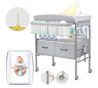 Orzbow Fasciatoio Neonato con Cassetto e Luce Notturna, Fasciatoio Pieghevole con Cinghia di Sicurezza e Regolabile in Altezza, Ampio Spazio di Archiviazione, Mobile Fasciatoio Neonato, Grigio