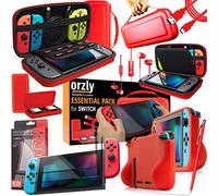 Orzly Accessori per Nintendo Switch (Confezione Include: Custodia per Switch, Copertura per Giochi, Pellicola Protettiva, Grip Case Cover, Cavo USB, Cuffie) Colori di Rosso