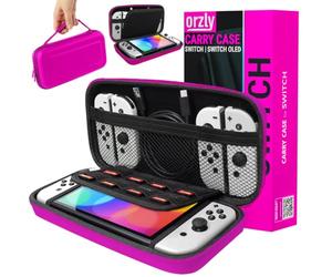 Orzly Custodia da trasporto compatibile con Nintendo Switch e New Switch Console OLED - Rosa Custodia protettiva da viaggio portatile rigida Custodia a conchiglia con tasche per accessori e giochi