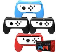 Orzly Switch Controller Grip (Confezione 4x Grip per Controllers JoyCon Nintendo Switch, adatto multi giocatore videogiocci, como Super Smash Bros Switch) Quattro Grip (2x Nere, 1x Rossa, 1x Azzurra)