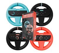 Orzly Volanti da Corsa Compatibili con Switch 2 (Console 2025) - Party [Confezione da 4] Accessori per Controller Joy-Con per Giochi di Corse MarioRacing (2 Neri, 1 Blu, 1 Rosso) Confezione Regalo