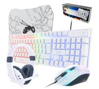 Orzly White Gaming Keyboard And Mouse Headset Pad, Wired LED RGB Backlight Bundle for PC Gamers Users - 4 in 1 White Edition Hornet RX-250