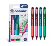 OSAMA, 4 Multi - Set Penne Colorate Cromate 4 Colori, 4 Pezzi, Penna Multicolore a Sfera 1.0mm con Inchiostro Nero, Blu, Rosso e Verde, Ideale per Cartoleria e Cancelleria Scuola, Università e Ufficio