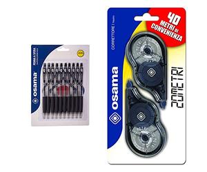 OSAMA OBG penna a sfera a scatto, scorrevole e precisa nera, 10 pezzi & Correttore a Nastro, 2 pezzi/20 metri
