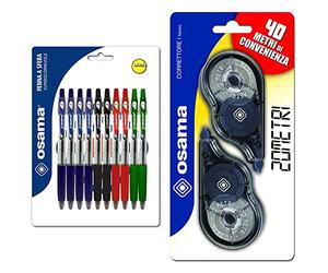 OSAMA OBG penne a sfera a scatto scorrevole e precisa - Colori Blu, Nero, Rosso e Verde - 10 pezzi & Bianchetto a Nastro, 2 Pezzi 20 Metri