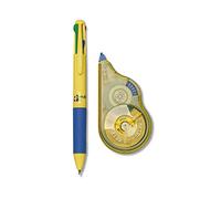 OSAMA - Set Cancelleria con Bianchetto a Nastro, 20 METRI + Penna a Sfera 4 Colori 4 Multi, Kit Cartoleria e Cancelleria Scuola e Ufficio con Correttore a Nastro e Penna Multicolore, Giallo/Blu