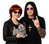 Osbourne - Set di accessori per adulti, parrucca lunga nera, occhiali viola, croce dorata, parrucca rossa, occhiali occhi da gatto, cane giocattolo e maniche per tatuaggi, set di accessori per costume