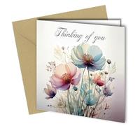 Oscar Finks Biglietto con scritta "Thinking of You" per la perdita di famiglia, amici o animali domestici, cane, gatto, design floreale ad acquerello, con busta in carta kraft, interno bianco, carta