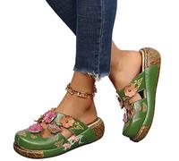 Osheoiso Donne Zoccoli Pantofole con Zeppa Ciabatte a Punta Tonda Casuale Flip Flops con Tacco a Cuneo Stampato Sandali Scarpe Piattaforma Outdoor Pantofole C Verde 36 EU