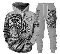 Osheoiso Tuta Ragazzo Manica Lunga Felpa con Cappuccio e Pantaloni Lunghi Modello Leone Stampato Completo Tute 2 Pezzi Sportive Uomo Autunno Inverno Pigiama J 2 3XL