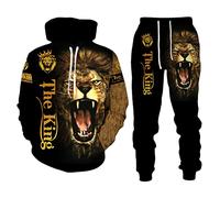 Osheoiso Tuta Ragazzo Manica Lunga Felpa con Cappuccio e Pantaloni Lunghi Modello Leone Stampato Completo Tute 2 Pezzi Sportive Uomo Autunno Inverno Pigiama G Nero 5XL