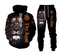 Osheoiso Tuta Uomo Ragazzo Manica Lunga Felpa con Cappuccio e Pantaloni Lunghi Modello Leone Stampato Completo Tute 2 Pezzi Sportive Autunno Inverno Pigiama D Nero XL