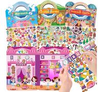 OSIMIG 4 Pezzi libro adesivi attacca e stacca bambini per ragazza, 220+ 3D riutilizzabili adesivo gonfi, stickers bambini Includi Principessa, Fata, Sirena da vestire e Ragazza alla moda